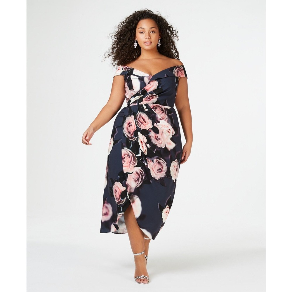 Adrianna Papell Womens Dress Floral Off Shoulder Wrap Midi Black Pink Size 10